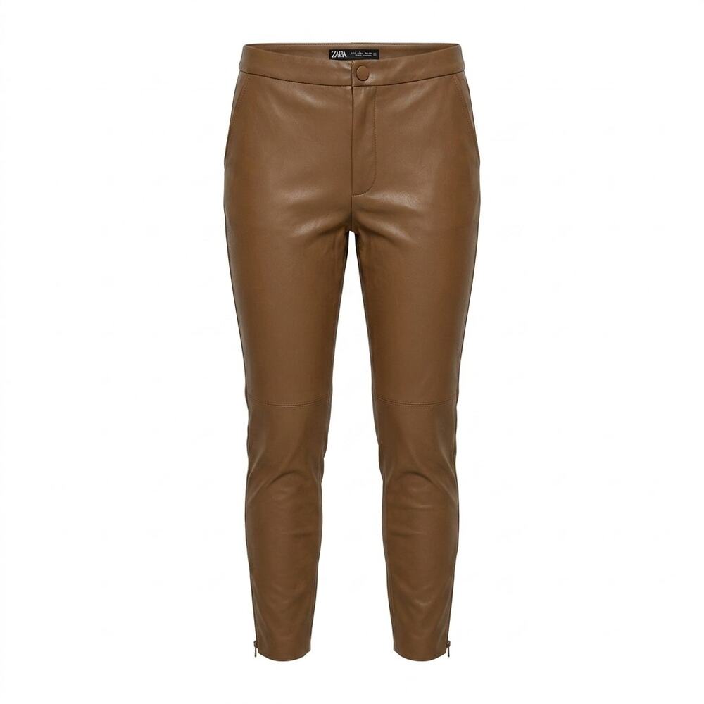 Zara Faux Leather Brown Ankle Zip Skinny Pants Solid Women Size L